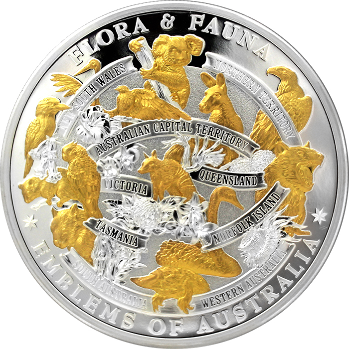 Přední strana Strieborná minca 5 Oz Flora a Fauna Emblems of Australia 2017 Proof