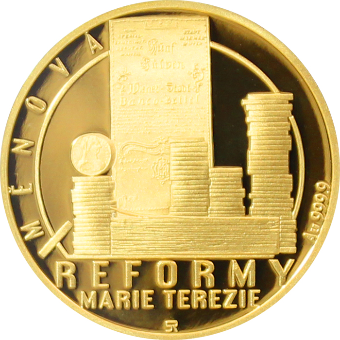 Přední strana Zlatá čtvrtuncová mince Reformy Marie Terezie - měnová 2017 Proof