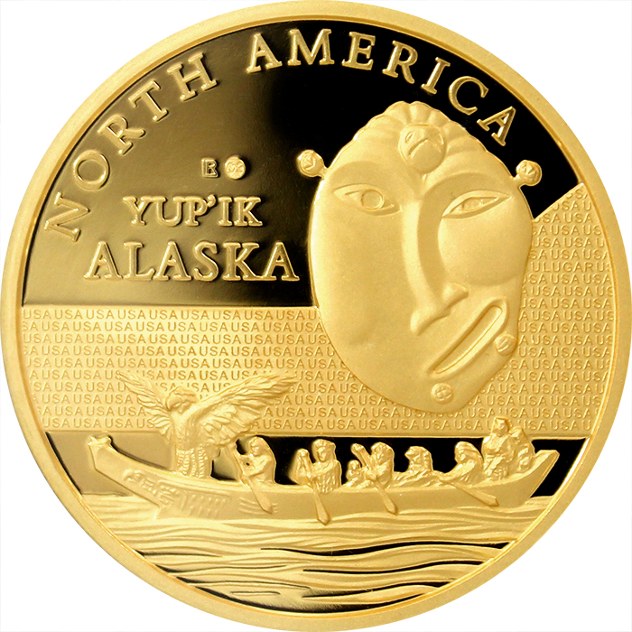 Přední strana Zlatá investiční mince Maska z regionu Aljaška - Yup'ik 1 Oz 2015