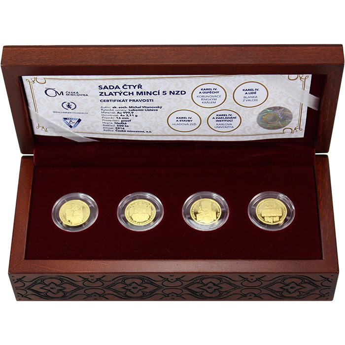 Sada čtyř zlatých mincí 5 NZD 700. výročí narození Karla IV. 2016 Proof