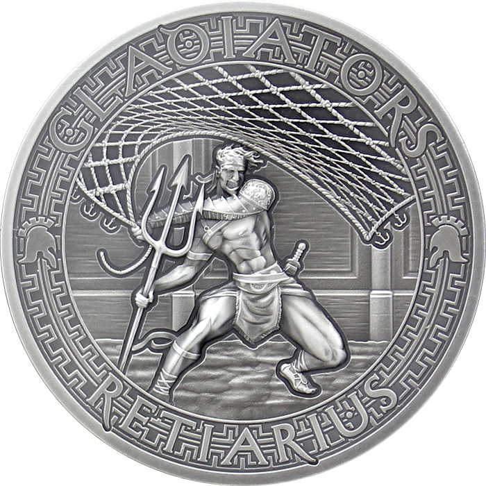 Přední strana Stříbrná mince Gladiators 2 Oz Retiarius 2017 Antique Standard