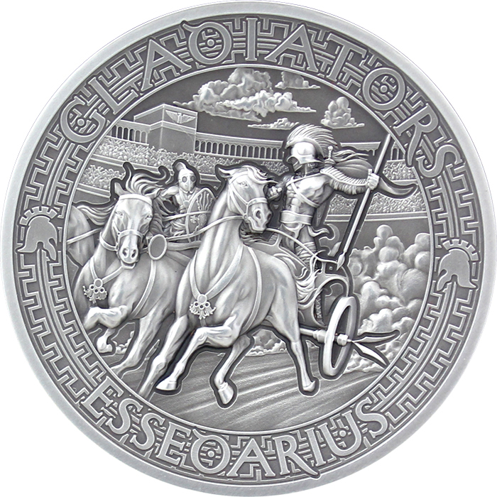 Přední strana Stříbrná mince Gladiators 2 Oz Essedarius 2017 Antique Standard