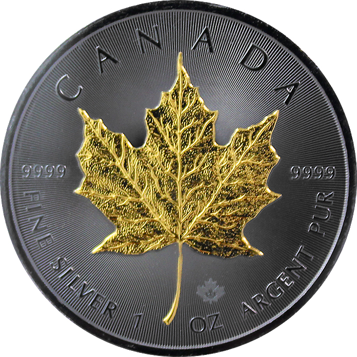 Přední strana Stříbrná Ruthenium mince pozlacený Maple Leaf 1 Oz Golden Enigma 2017 Standard
