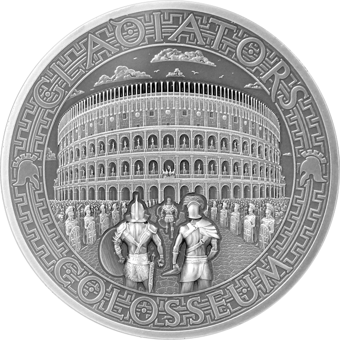 Přední strana Strieborná minca Gladiators 2 Oz Koloseum 2017 Antique Štandard