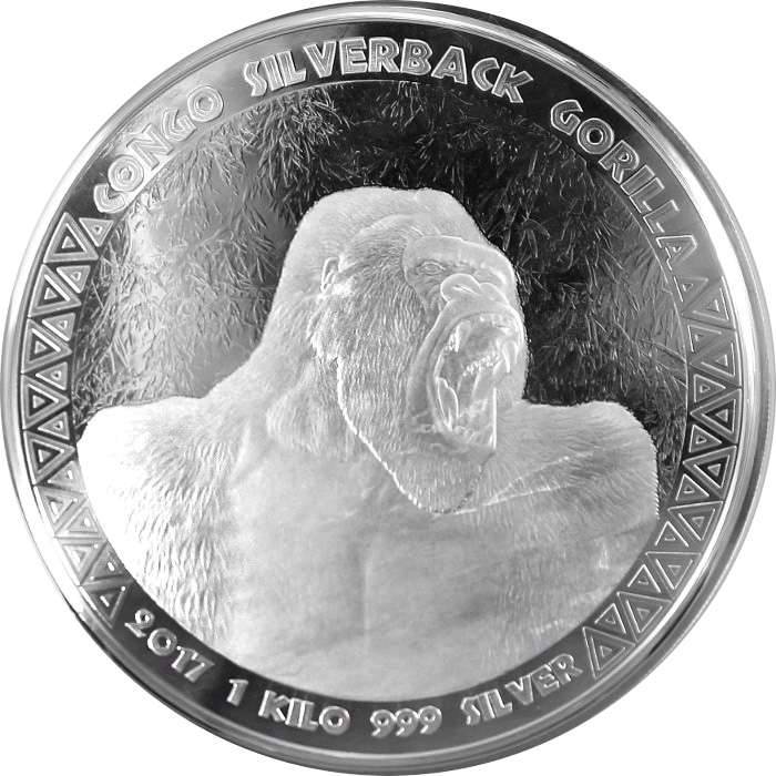 Přední strana Stříbrná investiční mince Kongo Gorila 1 Kg 2017