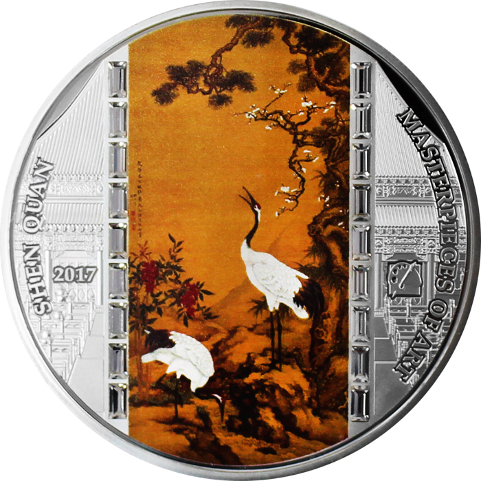Stříbrná mince 3 Oz The Pine, Plum and Cranes - Shen Quan 2017 Krystaly Proof