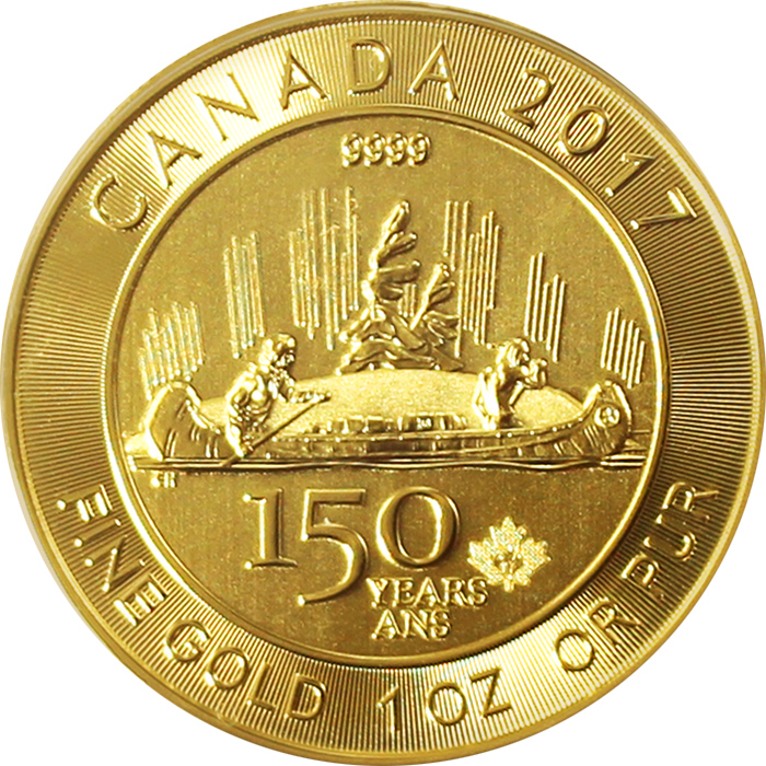 Přední strana Zlatá investiční mince Voyageur 1 Oz 150 let Kanady 2017