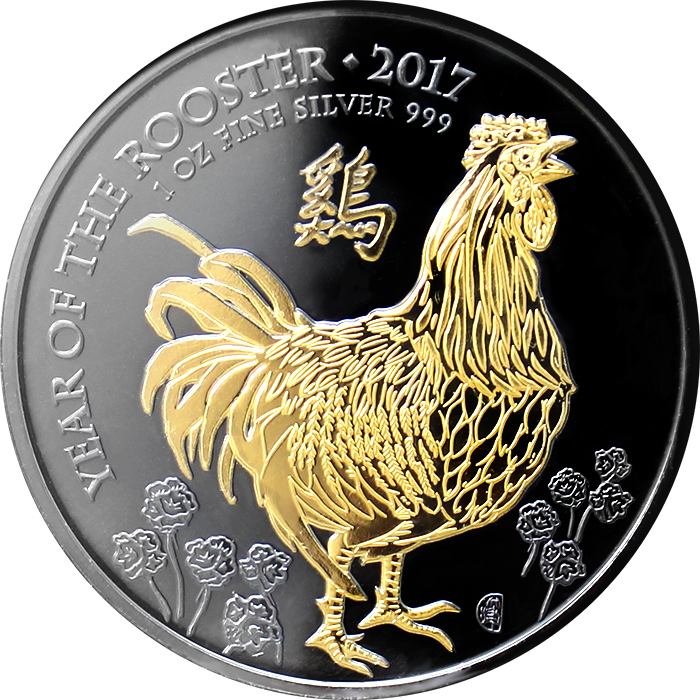Přední strana Stříbrná Ruthenium mince pozlacený Rok Kohouta 1 Oz Golden Enigma 2017 Standard
