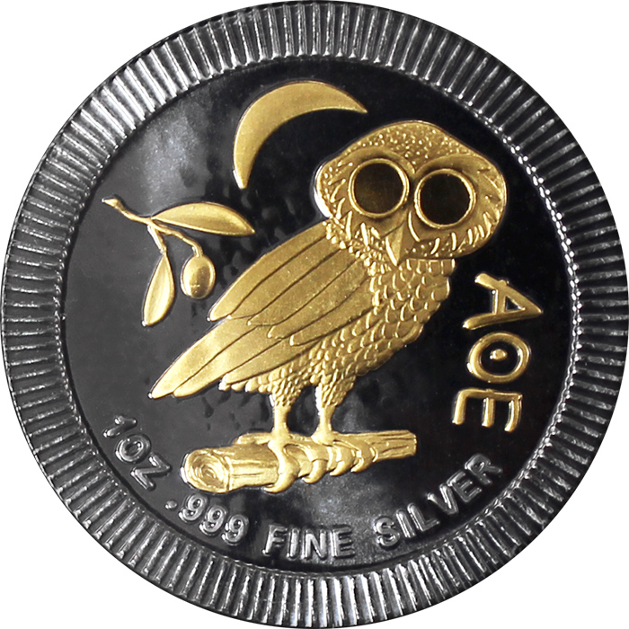 Přední strana Strieborná minca pozlátená Athénina Sova 1 Oz Golden Enigma 2017 Štandard
