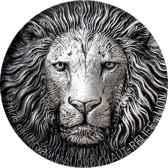 Přední strana Stříbrná mince 1 Kg Lev The African Big Five High Relief 2017 Antique Standard