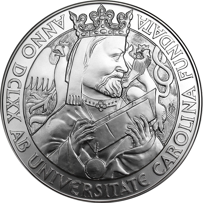 Přední strana Stříbrná kilogramová mince Založení Univerzity Karlovy 2018 Standard