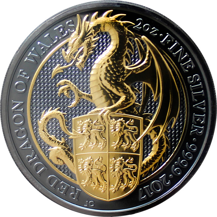 Přední strana Stříbrná Ruthenium mince pozlacený Queen's Beasts Red Dragon 2 Oz Golden Enigma 2017 Proof