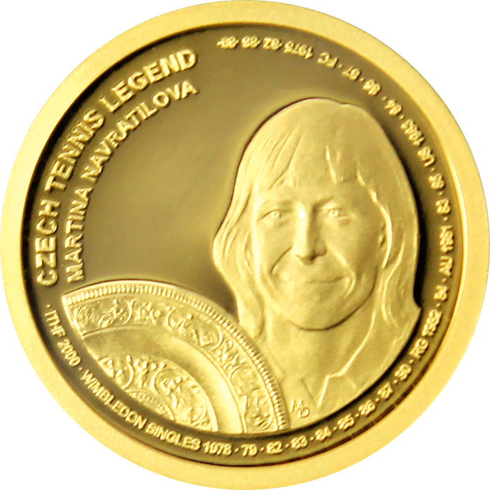 Přední strana Zlatá čtvrtuncová minca Českej tenisové legendy - Martina Navrátilová 2018 Proof