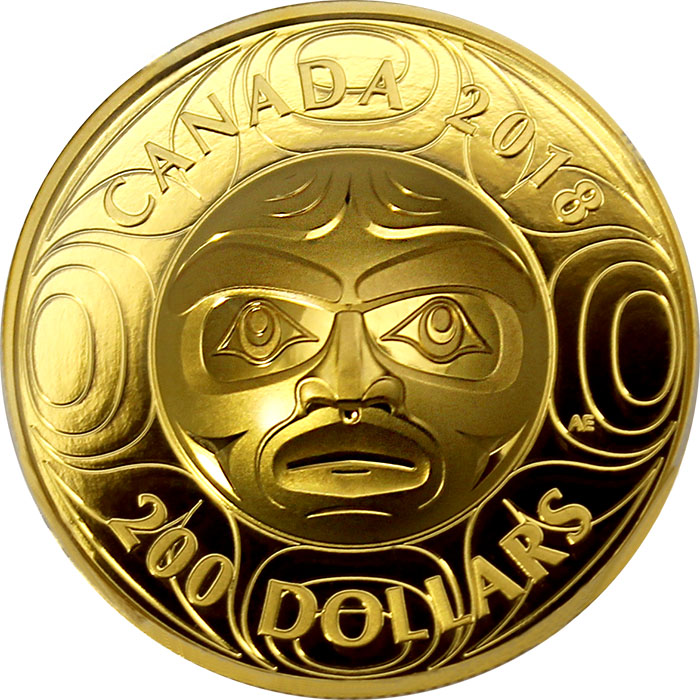 Zlatá mince maska Ancestor Moon Ultra high relief 2018 Proof (.99999)