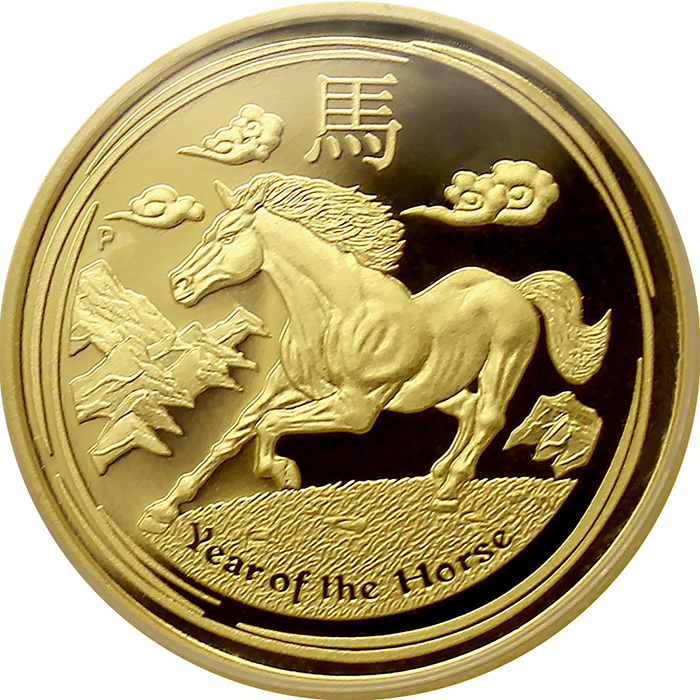 Přední strana Exkluzivna Zlatá minca Year of the Horse Rok Koňa 1/4 Oz 2014 Proof