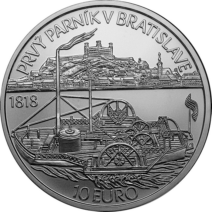 Přední strana Strieborná minca Plavba prvého parníka na Dunaji v Bratislave – 200. výročie 2018 Standard