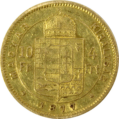 Zlatá mince Čtyřzlatník Františka Josefa I. 10 Franků 4 Forinty 1877