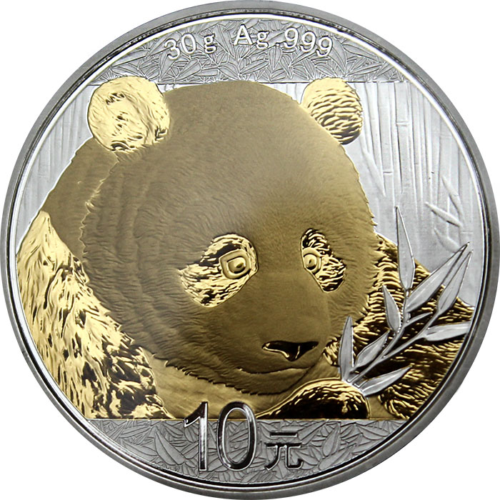 Přední strana Stříbrná mince pozlacená Panda 30 g Standard