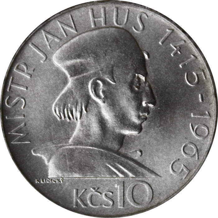 Přední strana Stříbrná mince 10 Kčs Jan Hus 550. výročí 1965