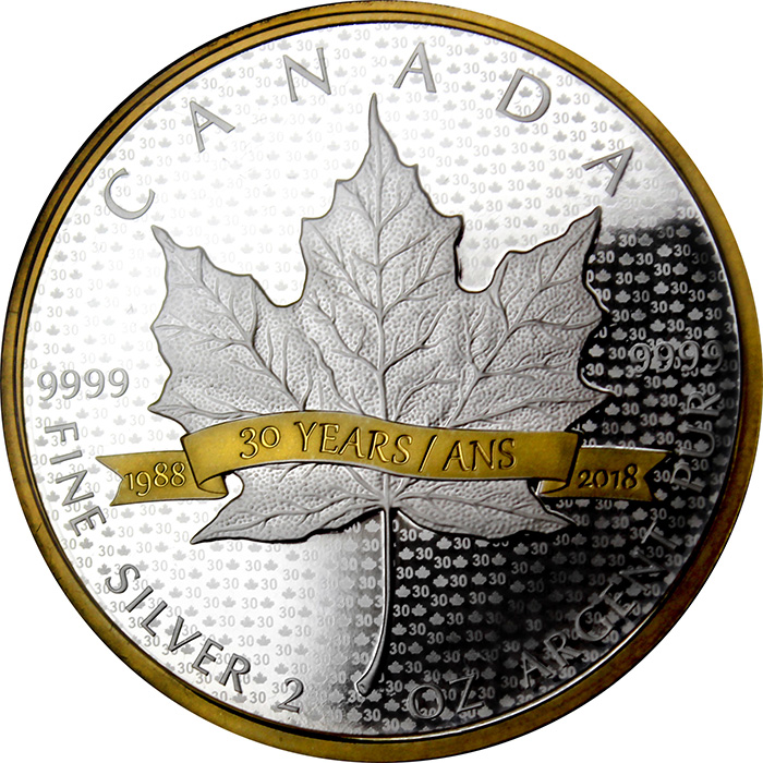 Stříbrná mince pozlacený Maple Leaf 2 Oz - 30. výročí 2018 Proof