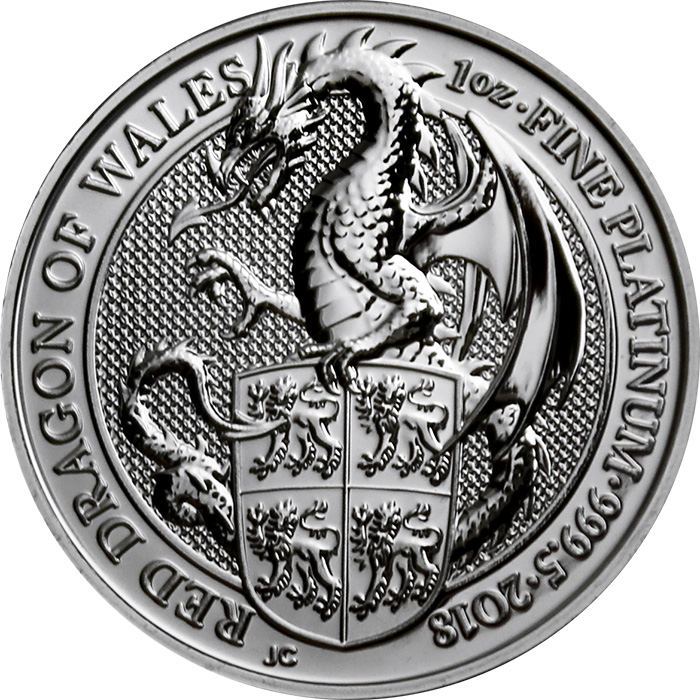 Přední strana Platinová investiční mince The Queen's Beasts Red Dragon 1 Oz 2018