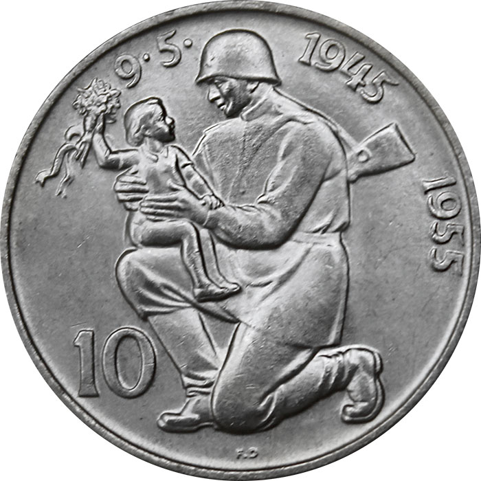 Přední strana Strieborná minca 10 Kčs Oslobodenie Československa 10. výročie 1955