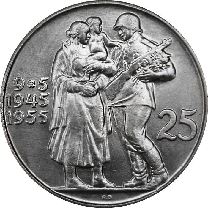 Přední strana Strieborná minca 25 Kčs Oslobodenie Československa 10. výročie 1955