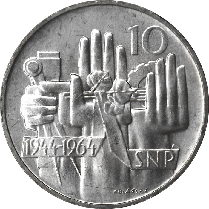 Přední strana Strieborná minca 10 Kčs SNP 20. výročie 1964