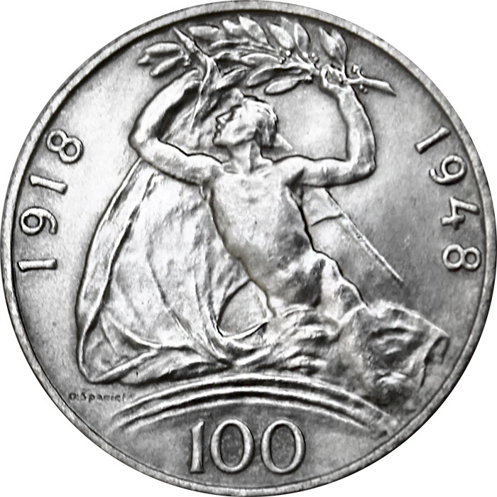 Stříbrná mince 100 Kčs Vznik Československa 30. výročí 1948