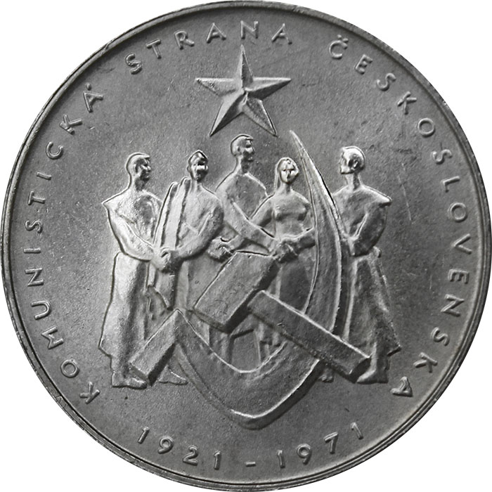 Přední strana Strieborná minca 50 Kčs Založenie KSČ 50. výročie 1971