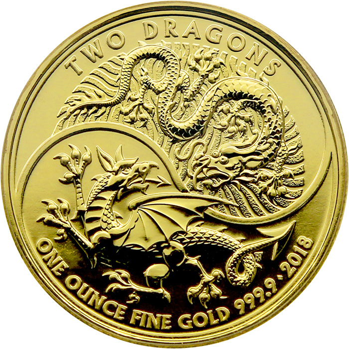 Přední strana Zlatá investiční mince Dva draci 1 Oz 2018