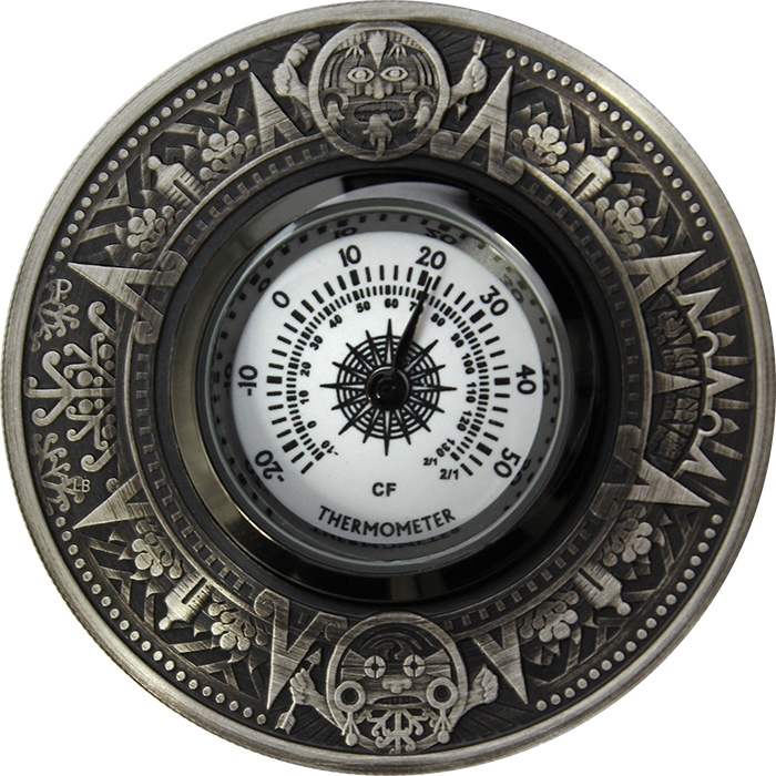 Přední strana Stříbrná mince 2 Oz Termometr aztécký kalendář 2018 Antique Standard