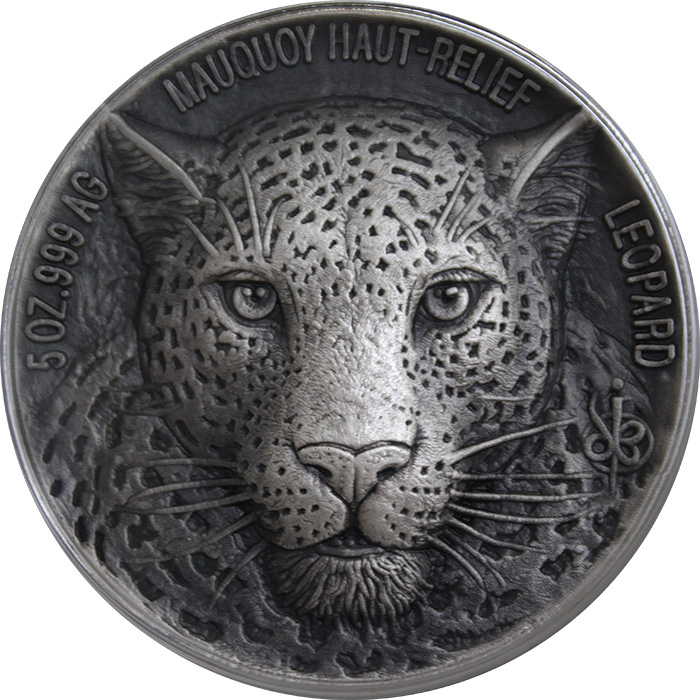 Přední strana Stříbrná mince 5 Oz Leopard The African Big Five High Relief 2018 Antique Standard