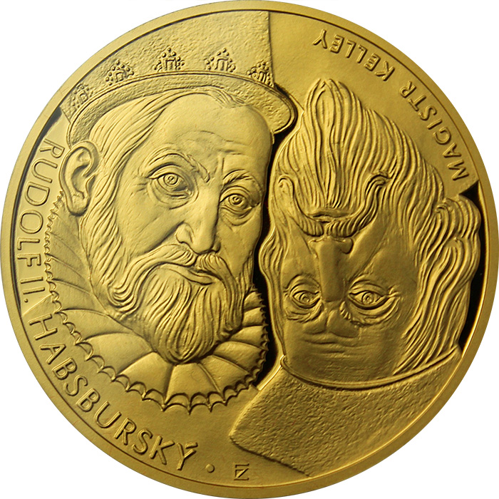 Přední strana Zlatá dvouuncová investičná minca Rudolf II. Habsburský a Magister Kelley 2018 Proof