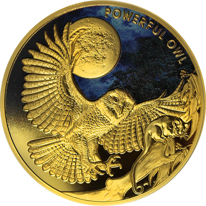 Zlatá kolorovaná minca Powerful Owl 1 Oz 2018 Proof