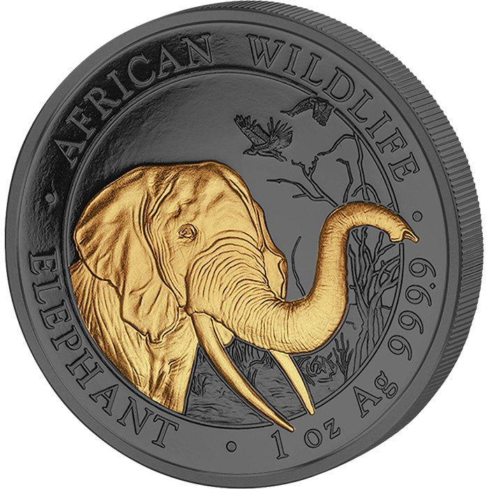Stříbrná Ruthenium mince pozlacený Slon africký 1 Oz Golden Enigma 2018 Proof