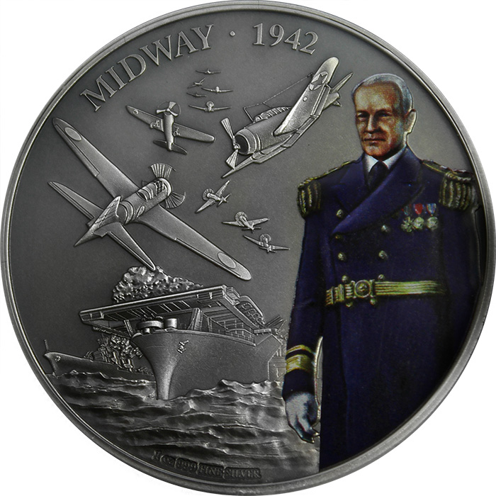 Přední strana Stříbrná mince 1 Oz Bitvy, které změnily historii - Bitva u Midway 2018 Antique Standard