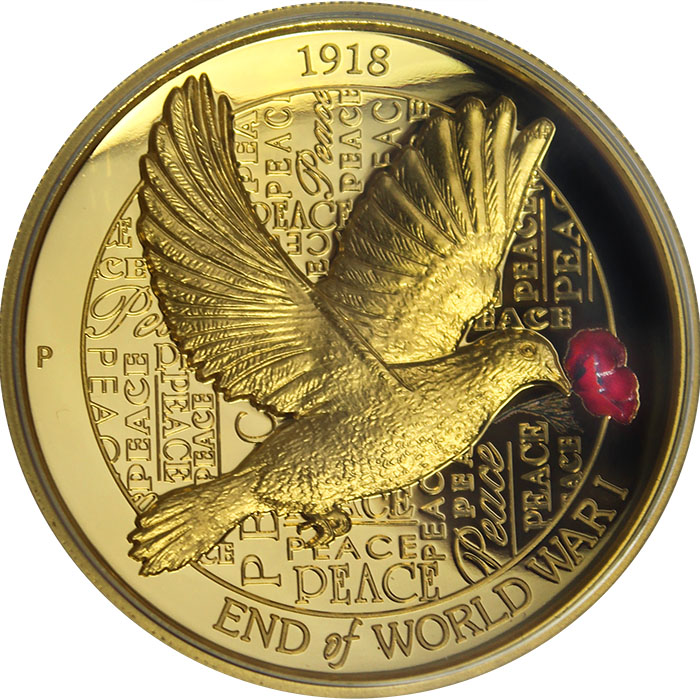 Zlatá mince 100. výročí konce I. světové války 2 Oz High Relief 2018 Proof