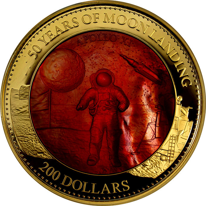Přední strana Zlatá mince 5 Oz Přistání na Měsíci 50. výročí 2019 Perleť Proof