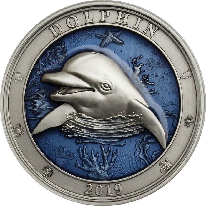 Přední strana Strieborná minca 3 Oz Podmorský svet - Delfín 2019 Antique Standard