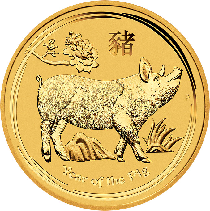 Zlatá investiční mince Year of the Pig Rok Vepře Lunární 10 Oz 2019
