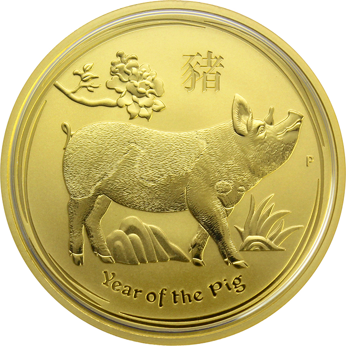 Zlatá investiční mince Year of the Pig Rok Vepře Lunární 1 Oz 2019