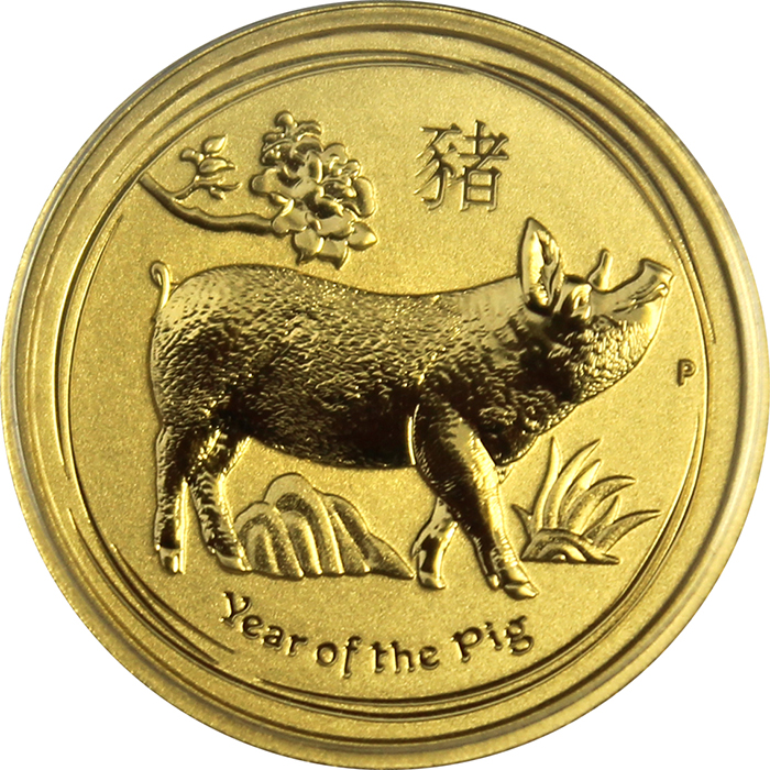 Zlatá investiční mince Year of the Pig Rok Vepře Lunární 1/10 Oz 2019