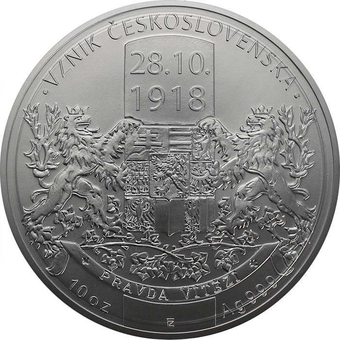 Přední strana Stříbrná desetiuncová mince Vznik Československa 2018 Standard