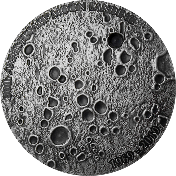 Přední strana Silver Coin 50th Anniversary of the Moon Landing 1 Oz 2019 Antique Standard