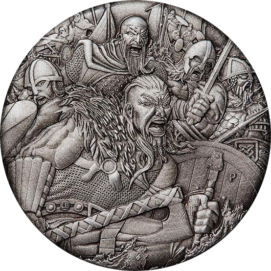 Přední strana Strieborná minca Válečnictví - vikingovia 2 Oz 2018 Antique Standard