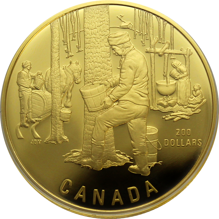 Přední strana Zlatá mince Sklizeň javorové mízy - kanadský obřad jara Proof 1995