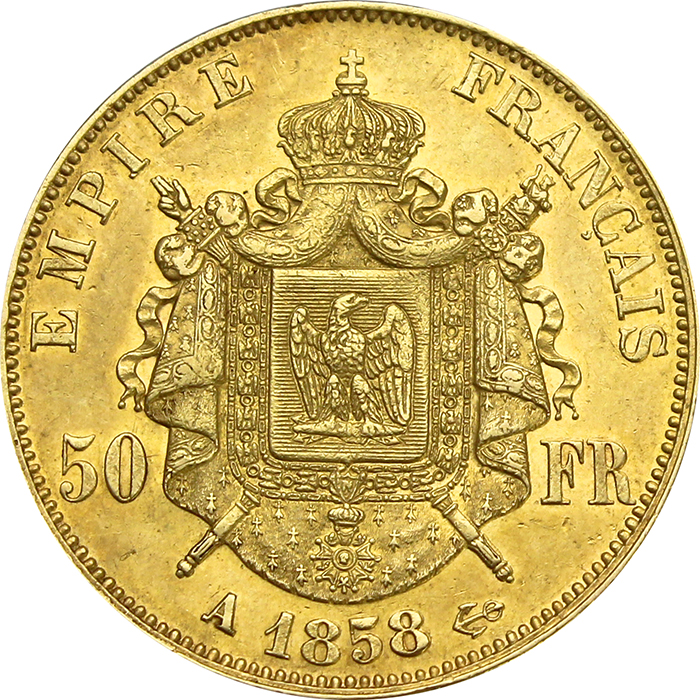 Zlatá mince 50 Frank Napoleon III. 1858 A
