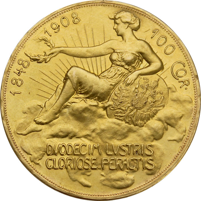 Zlatá mince Stokoruna 60. výročí vlády Františka Josefa I. Rakouská ražba 1908