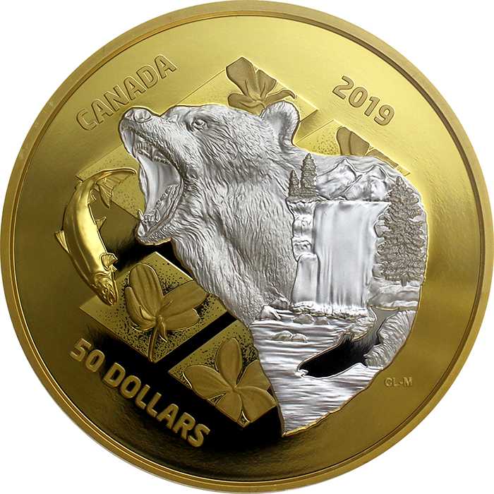 Stříbrná pozlacená mince Inner Nature: Medvěd grizzly 5 Oz 2019 Proof